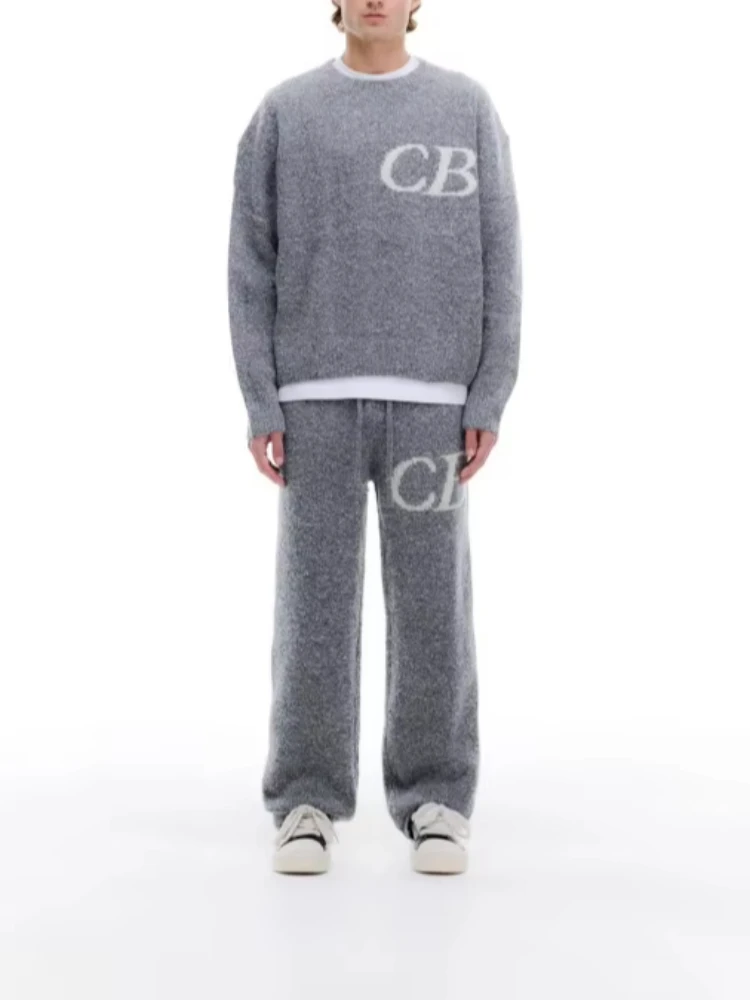 

Unisex Y2K Street Trendy Knitted Set Autumn Winter Crew Neck Sweater And Drawstring Straight Leg Pants Casual Two-Piece Set