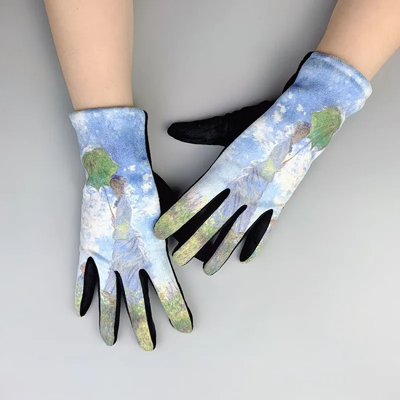 Winter Warm Van Gogh Oil Painting Gloves Fashion Retro Opera Performance Women Cycling Drive Touch Screen Full Finger Thicken