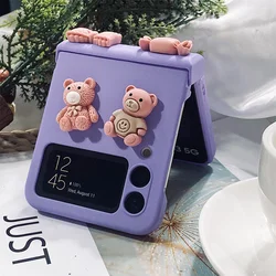 For Samsung Galaxy Z Flip 6 5 4 3 5G Purple Mobile Phone Case Fashion DIY Cute Cartoon Candy Cow Bear Hinge Protective Cover