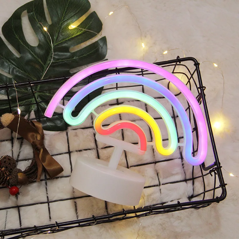 Bateria ou USB Powered LED Rainbow Neon Light, Lâmpada de néon colorida com base de suporte, Nightlight decorativo para quarto do casamento