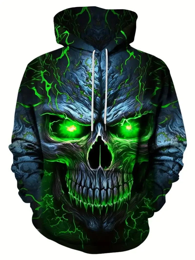 Casual Men's  Hoodie 3D Printing Burning Skull Graphic Print Hoodies,Drawstring Oversized Hooded Pullover Sweatshirt Autumn Tops