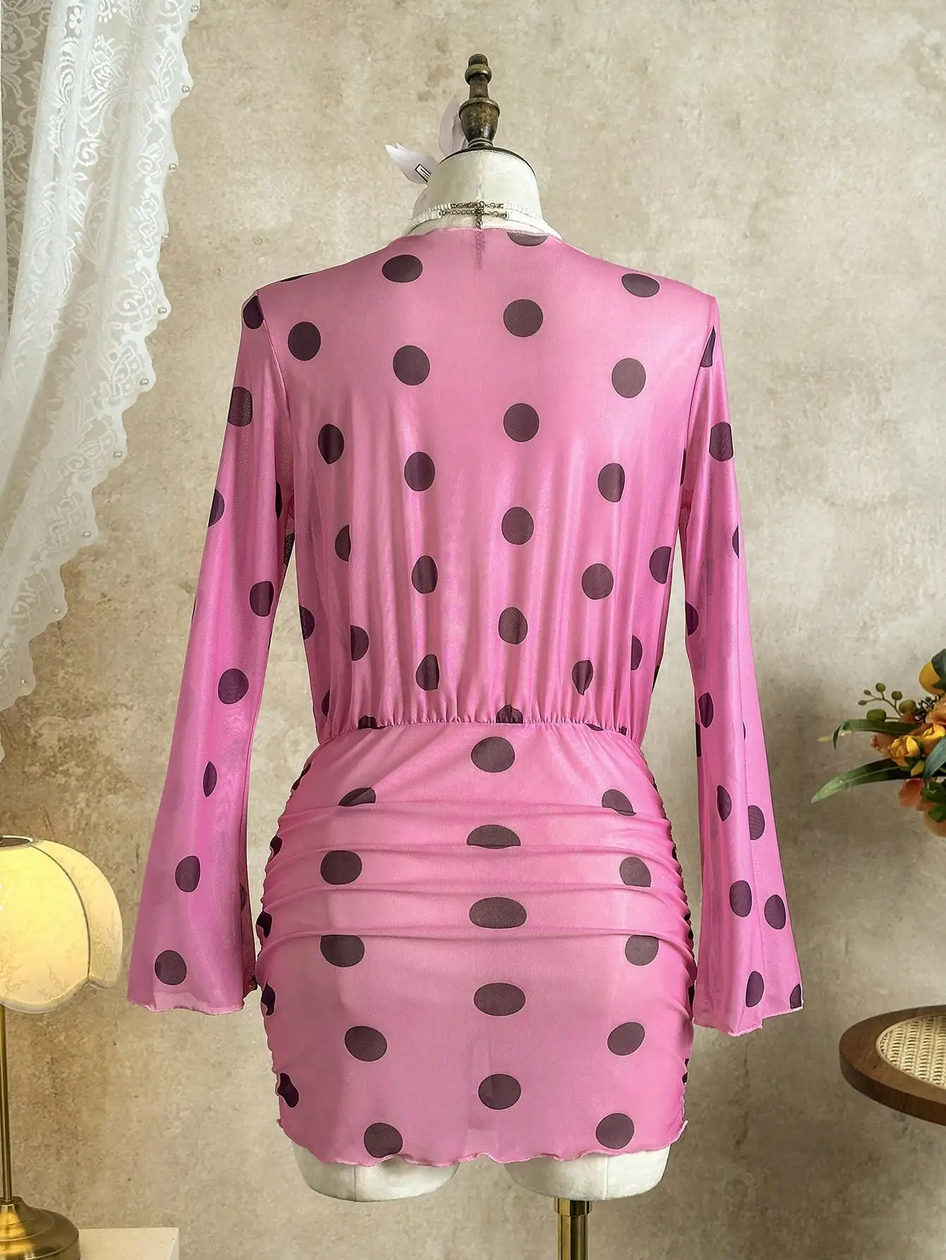 Pink Polka Dot Long Sleeve Mesh Dress With V-Neck And Ruched Waist For Beach Party