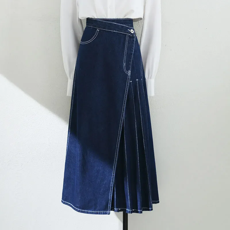 Irregular Pleated Baggy Denim Skirt Women Casual High Waist Vintage Faldas Korean Fashion Streetwear Loose A-lined Jean Skirts