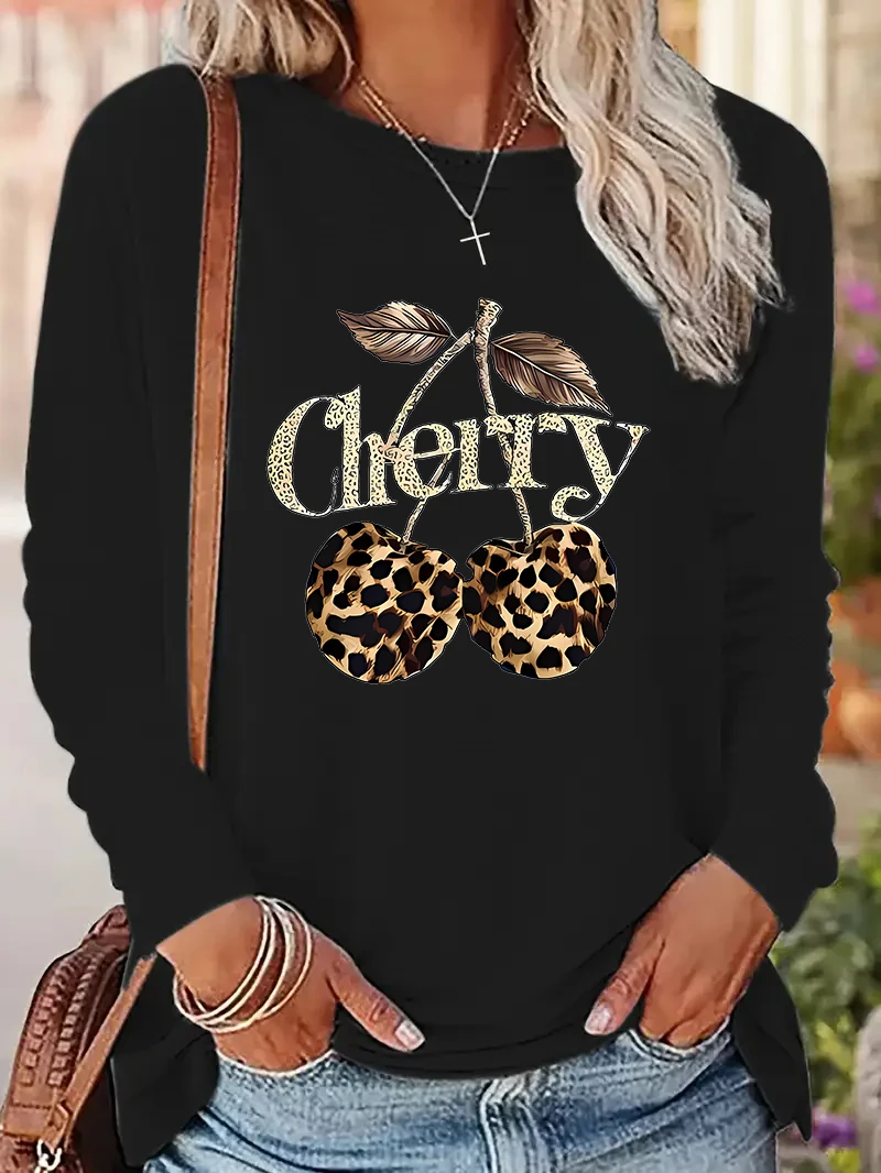 Streetwear Leopard Cherry Printed Long Sleeve Shirt Funny T Shirt Women's  Print T-Shirt Crew Neck Top Tee Tshirt Casual