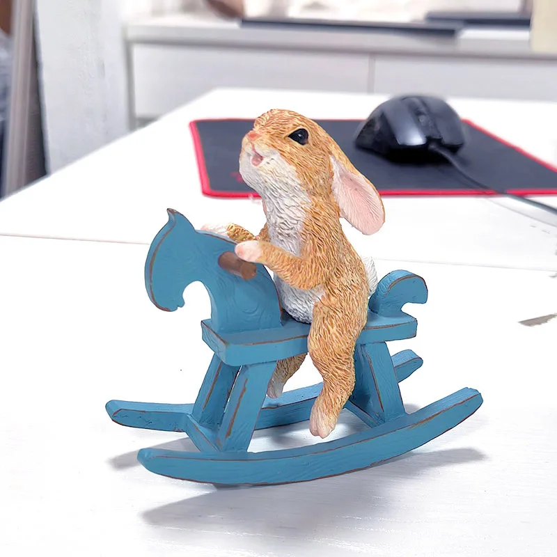 Resin Crafts Rocking Horse with Bunny Rabbit Figurine, Desk Decor, Balance Art Adornment, Decorative Ornament, Kids G