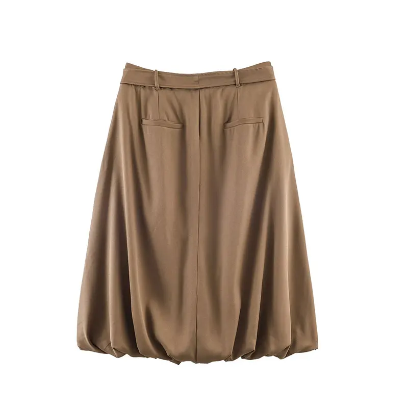 TFAFXY With Belt Women Skirts 2026 Spring Thick Zipper High Waisted Balloon Shaped Midi Skirt Female Long Skirt Y2K