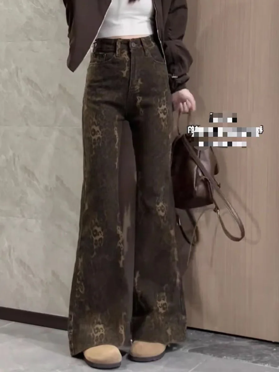 

High Waist Bell Bottom Denim Jeans Women's Spring New Small Design Sensation Drapey Bell Pants American Leopard Print