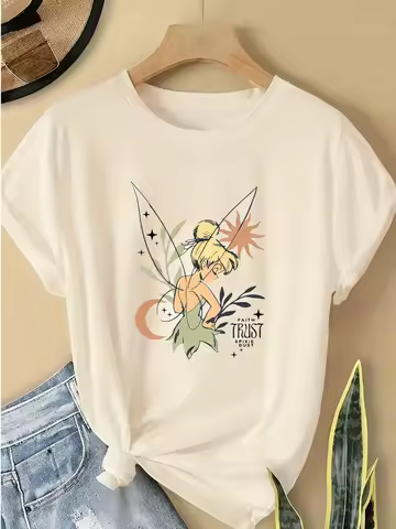 Disney Summer Fashion T-shirt Women's Tinker Bell Cartoon Printed Oversized Parent Child Top Casual Simple Cotton Home Cute