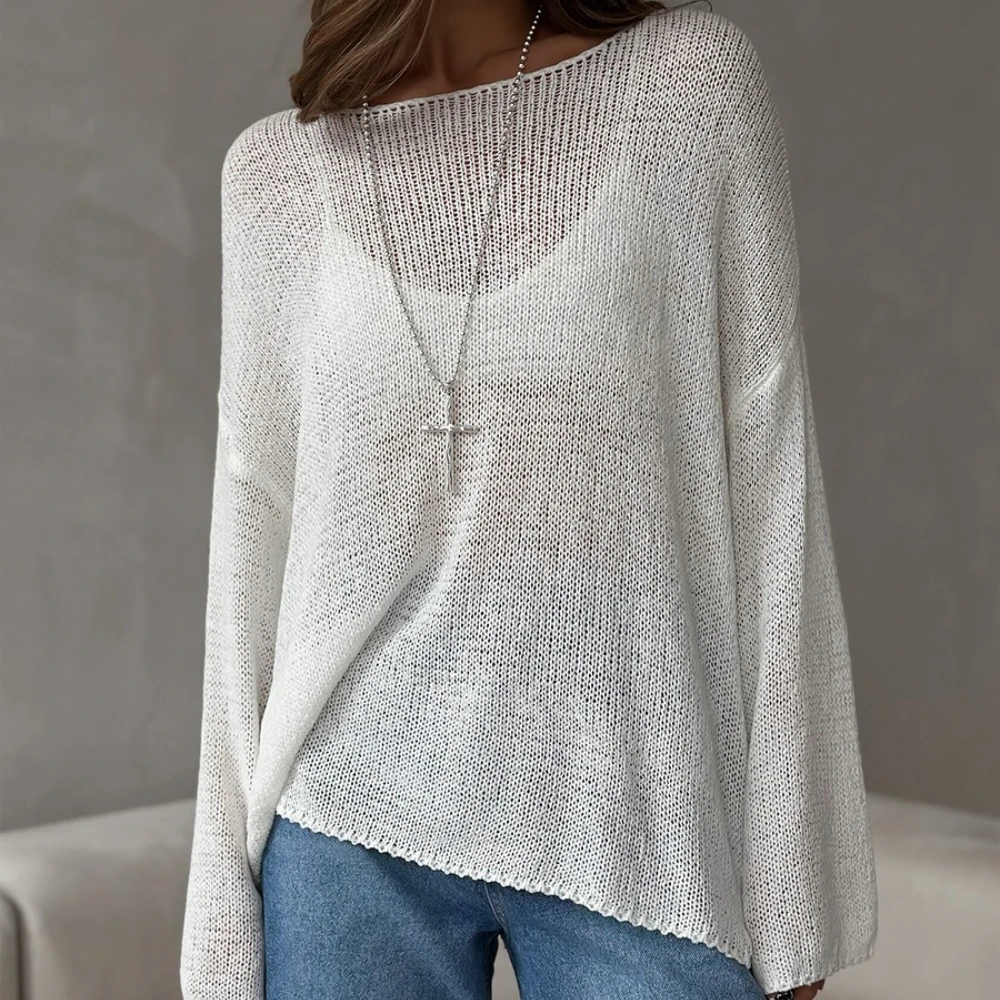 Women's Simple Solid Color Long Sleeve Sweater Spring Knitted Hollow Top Loose Casual Versatile Pullover