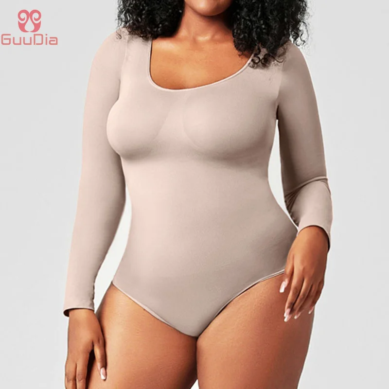 

GUUDIA Long Sleeve Snap Button Scoop Neckline Slimming Sexy Butt Line Tummy Control One Piece Bodysuit Butt Lifter Shapewear