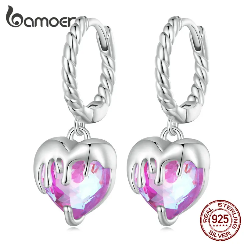 Bamoer 925 Sterling Silver Melted Love Ear Clips Pink Heart Drop Ear Buckles for Women Romantic Birthday Gift Fine Jewelry