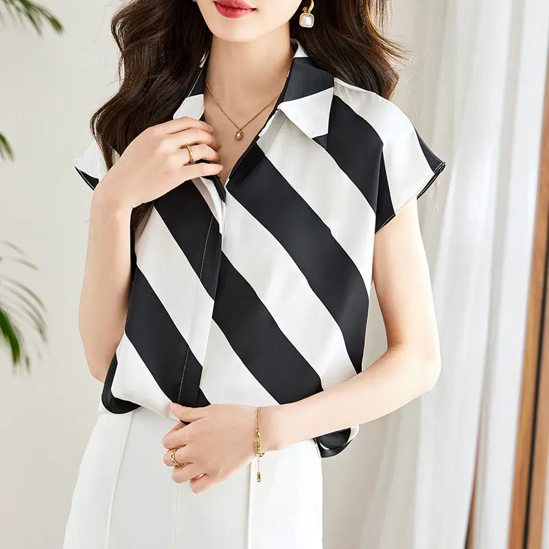 Women Summer Simplicity Loose Office Lady Striped Chiffon Polo-Neck Short Sleeve Shirts Women Clothes Casual All-match Thin Tops