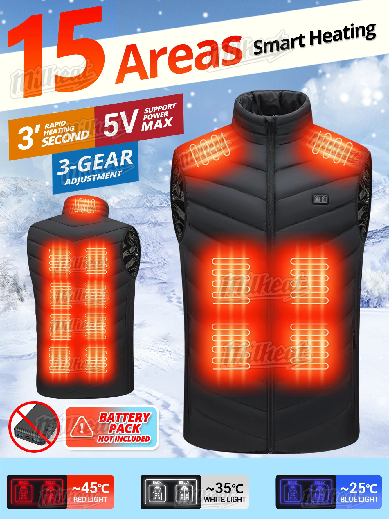 Smart Heating Vest, 15/9/2 Heating Zones,2-Switches,3 temperature options, for Winter Indoor and outdoor activities