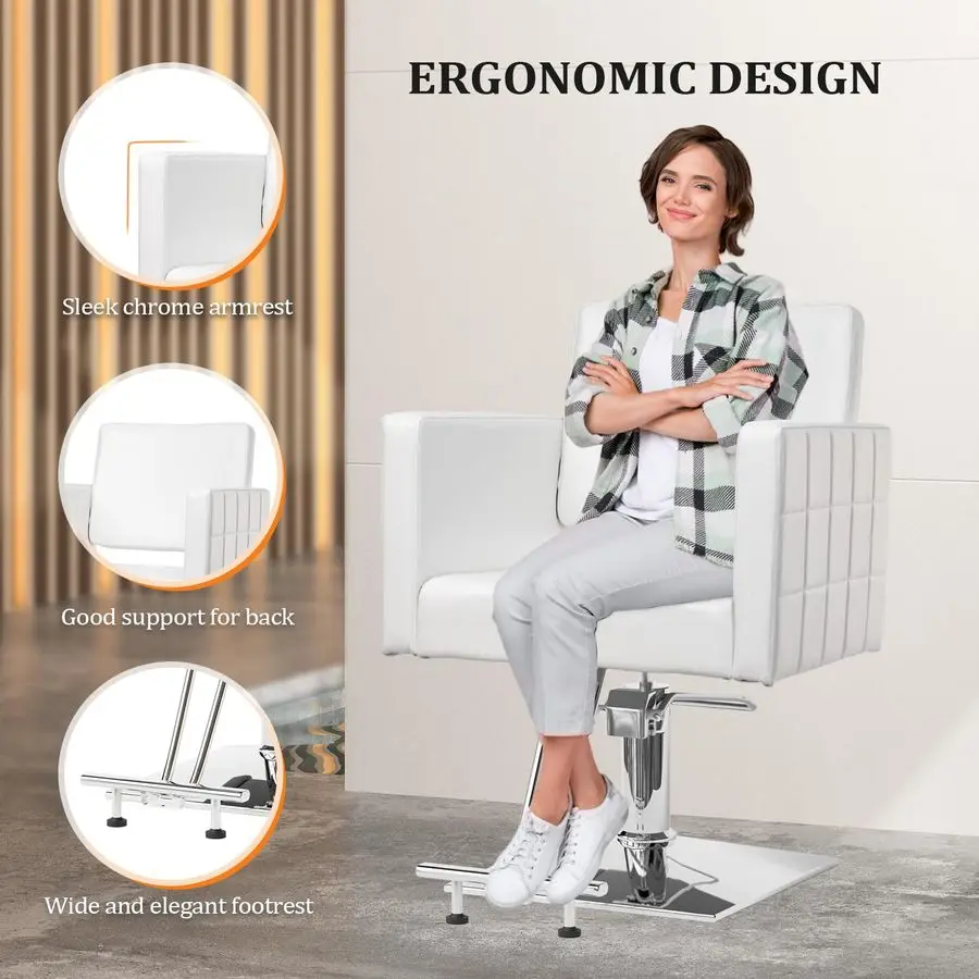 Poltrona per parrucchiere per parrucchiere, sedile largo, poltrona da barbiere idraulica con poggiapiedi in acciaio inossidabile, sedia da parrucchiere bianca Hea
