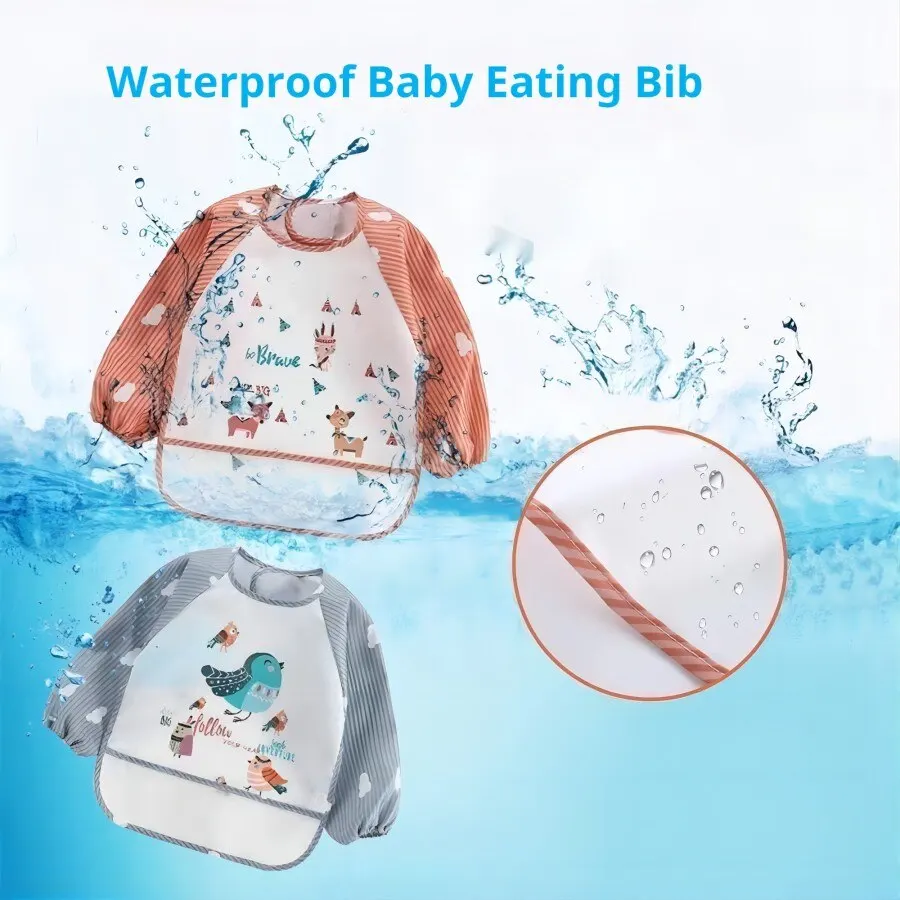 1Pcs Waterproof Eating Smock Infant Toddler Baby Cartoon Long Sleeve Art Apron Animal Smock Soft Baby Bib Burp Clothes