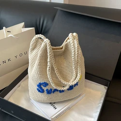 Cotton Fabric Solid Large Capacity Shoulder Bags Letter Fresh Casual Braid Handbags for Women 2024 Fashion High Quality Tote