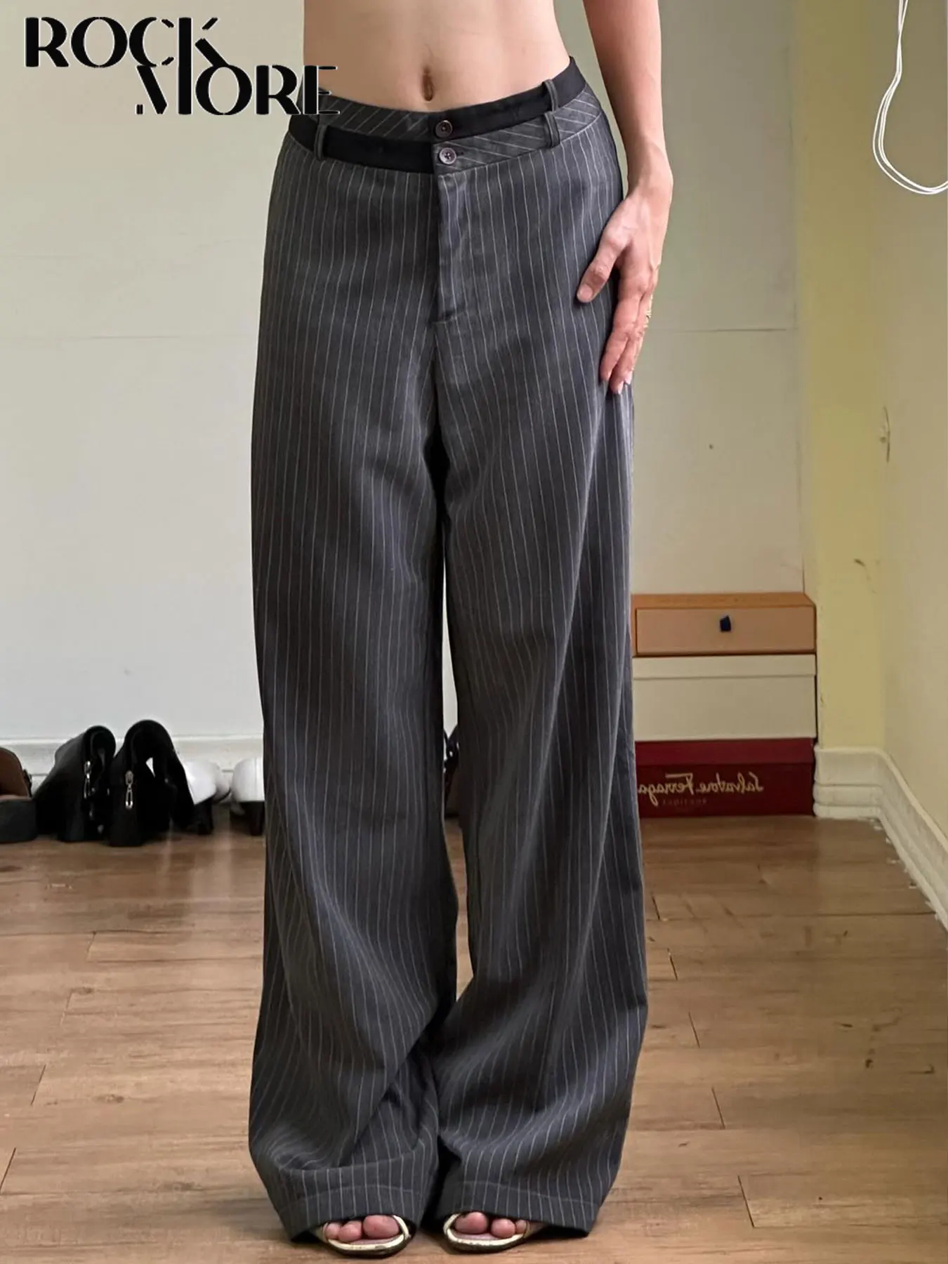 Rockmore Casual Patchwork Slimming Woven Pants Elegant Striped Pants Low Waist Wide Leg Suit Pants Korean Fashion Baggy Trousers