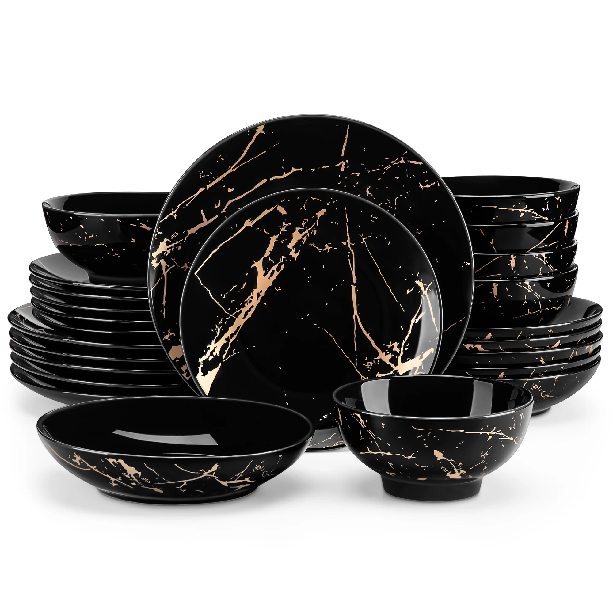 LOVECASA 24-delige gouden spatglazuur serviessets porseleinen borden dinerset met 6 stuks dinerbord/dessert/soepbord/kom