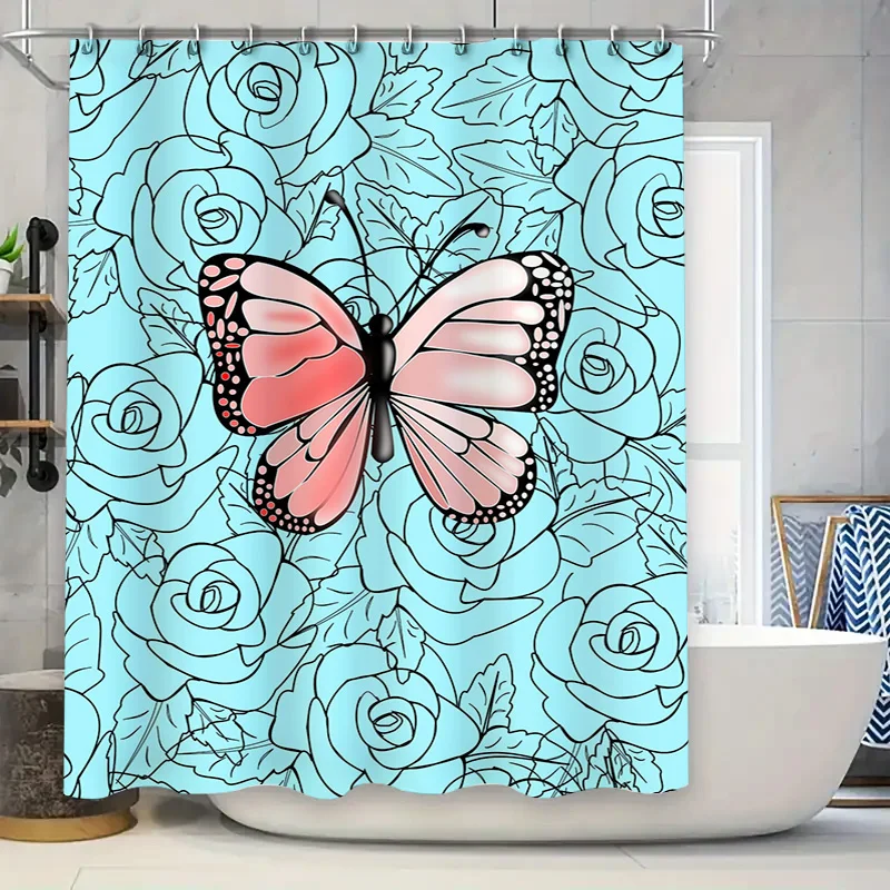 

Синяя цветочная занавеска для душа с декором розовой бабочки для домашнего декора в ванной комнате