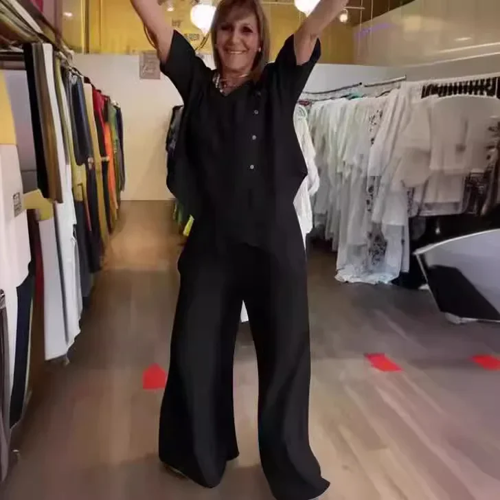 Loose Casual Cotton Linen 2 Piece Set Fashion Solid Round Neck Half Sleeve Button Pullover Top Elastic Waist Wide Leg Pants Set