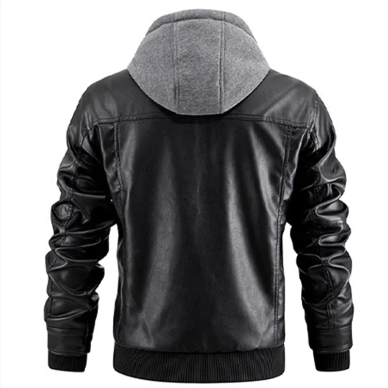 Men's PU Leather Jacket Hooded Motorcycle Slim Fit Casual Coats Men Autumn Winter Windproof Hat Detachable Biker Leather Outwear