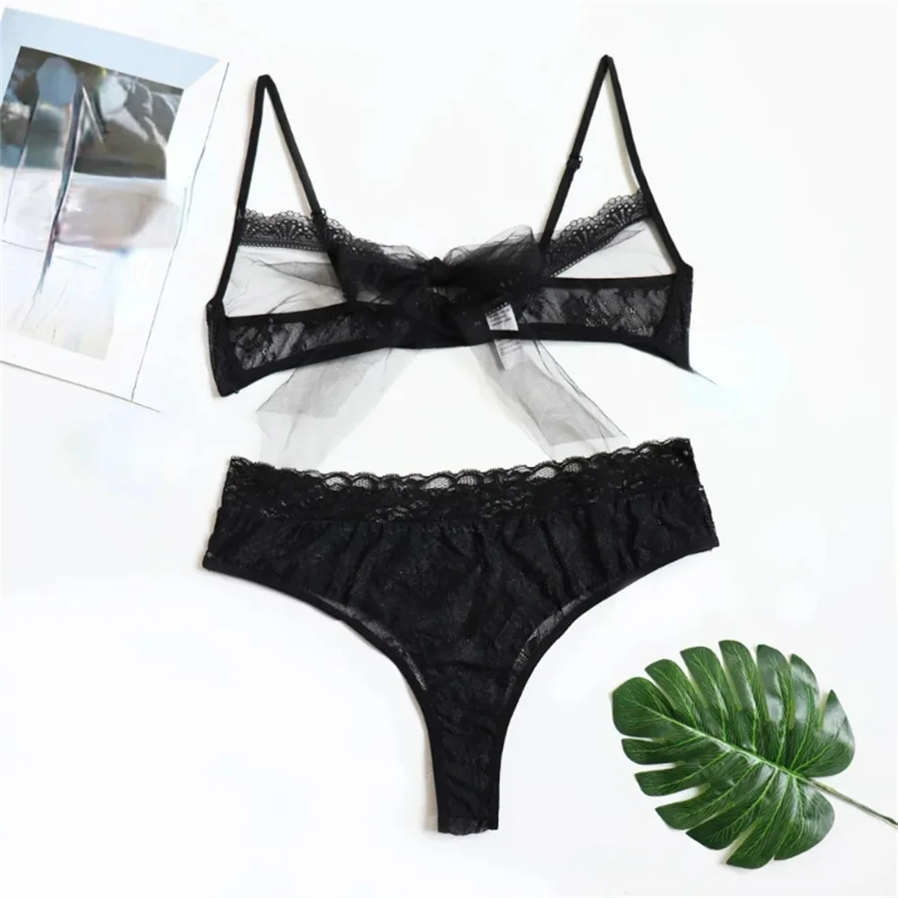 Lingerie Set Sexy Plus Size Half Cup Push Up Bra Tulle See Through Cloth Hollow Out Underwear Women Panties Transparent Briefs