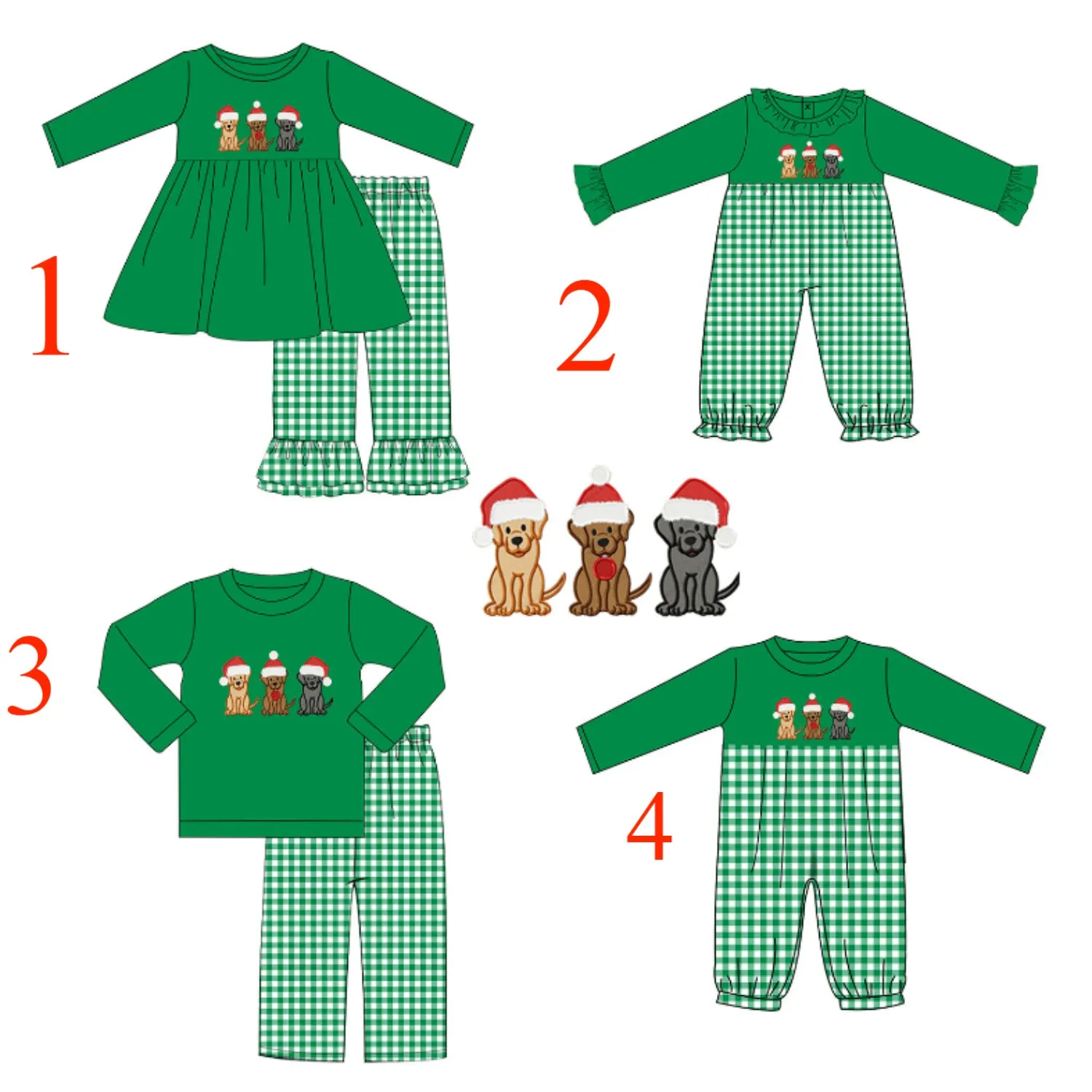 

Новый рождественский зеленый топ с длинными рукавами и принтом щенка, клетчатые брюки, зимние бутиковые костюмы и комбинезон для мальчиков и девочек