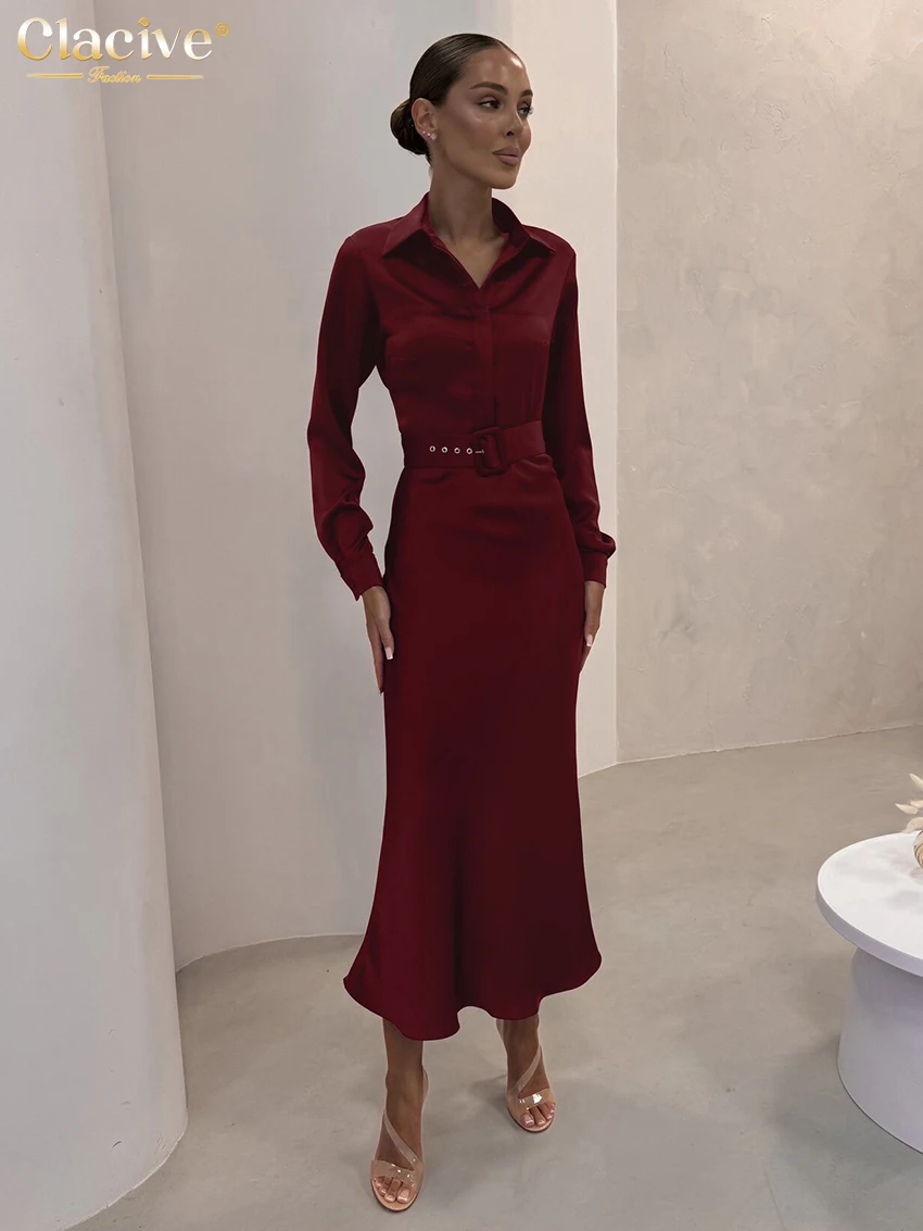 Clacive Fashion Slim Red Satin Women Dress 2025 Casual Lapel Long Sleeve Ankle Length Dresses Elegant Classic Belt Female Dress