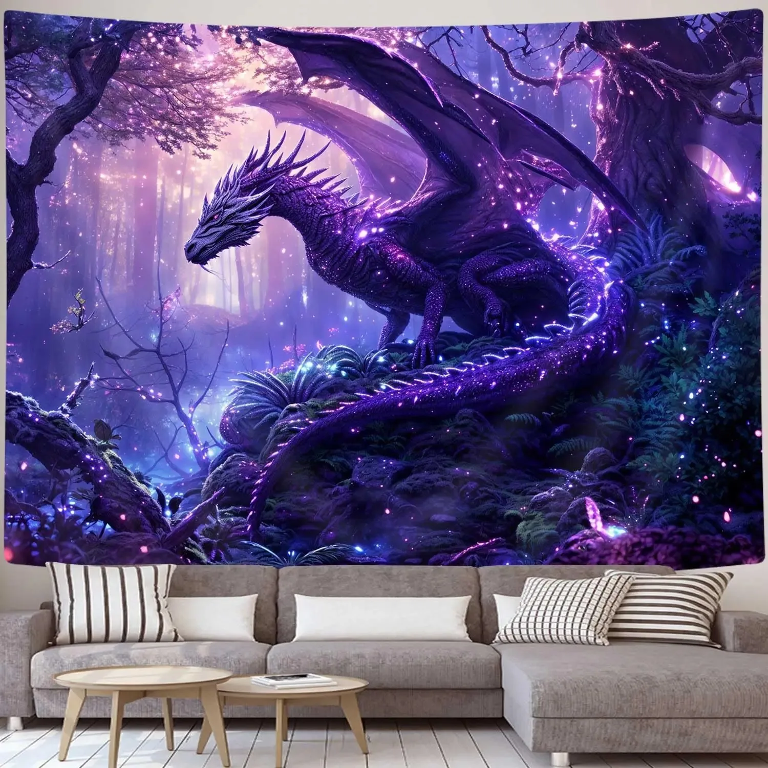 Skandinavischer Fantasy-Lila-Drachen-Wandteppich, Sternenwaage, Drache, magische Waldszene, Wohnzimmer, Schlafzimmer, Hintergrunddekoration