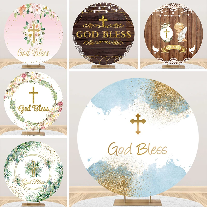 

God Bless Round Backdrop Cover Baby Boy Baptism Decoration Wood Cross Angel Christening Girl Decor Party Circle Background Cloth