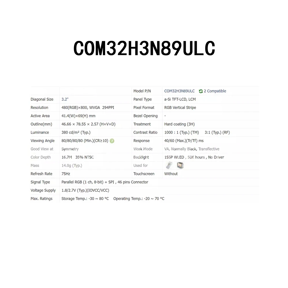 LCD Transflektives Panel Touch Modul COM32H3N89ULC 3,2 Zoll 480*800 Neu