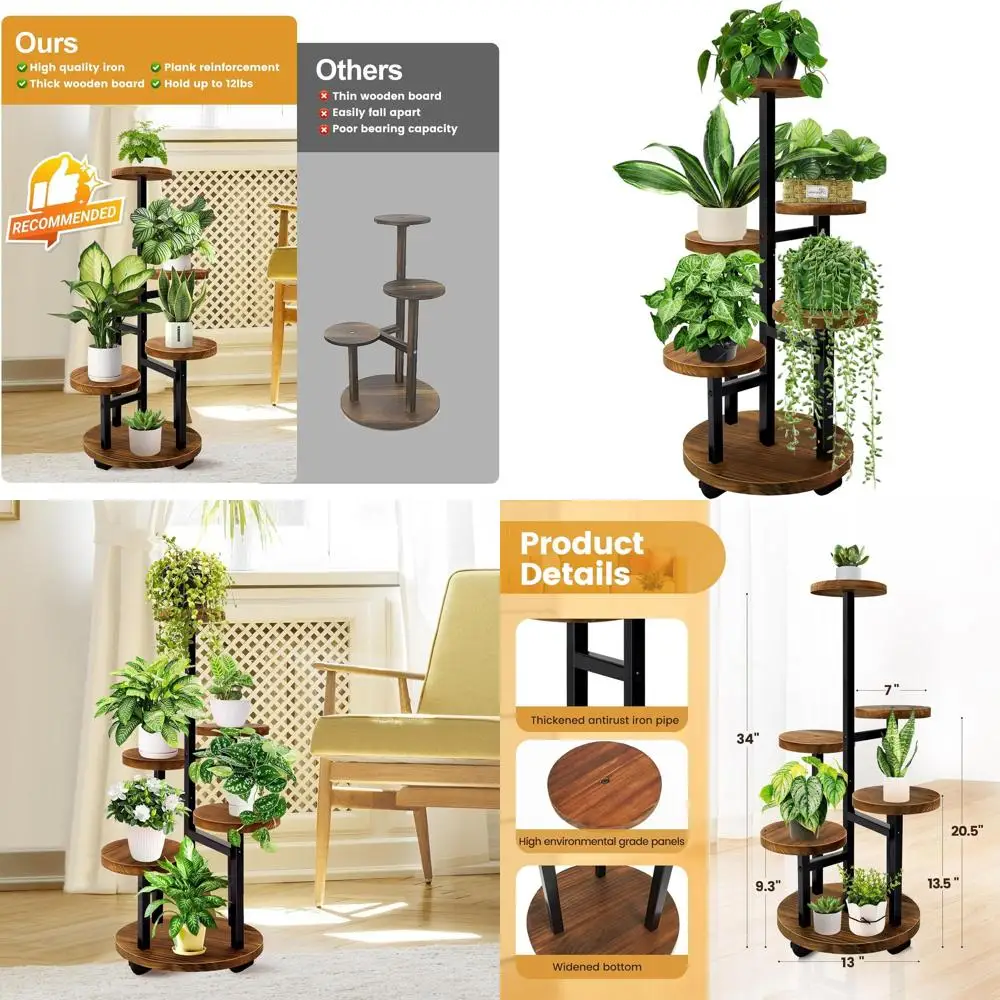 

Многоярусная подставка для растений из металла и дерева на колесиках для комнатных растений, подходит для гостиной и спальни, коричневая