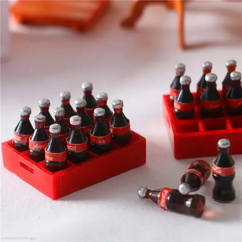 12Pcs/Set 1:12 Or 1:16 DollHouse Miniature Coke Bottles Drinks Mini Cola Basket Tray Model Kits Kitchen Food Play Scene Decor