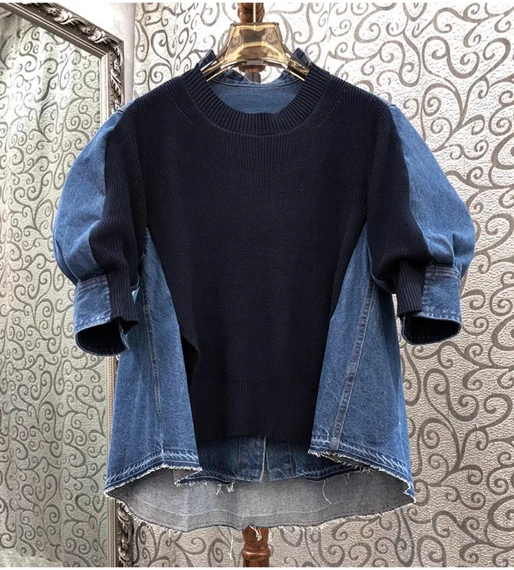 High Quality New Sweaters 2023 Autumn Winter Tops Women Cotton Denim Knitted Patchwork Short Sleeve Casual Denim Tops Pullovers