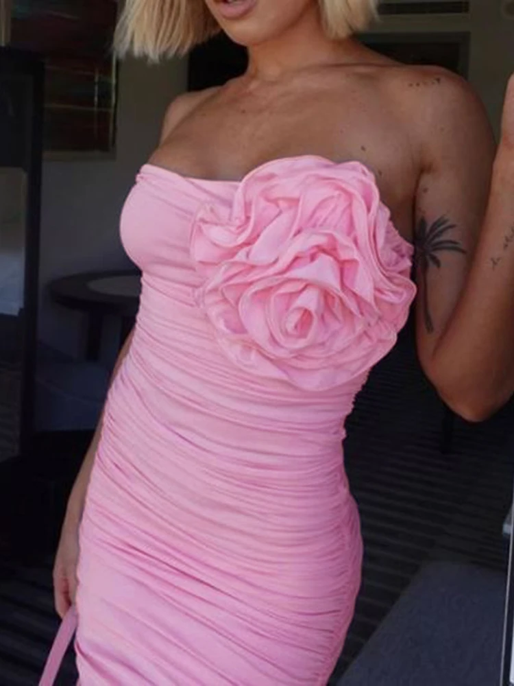 Mangas Ruched fenda festa Bodycon vestido, Rose Detalhe Bandeau, Chic ligeiro estiramento, Novo, 2024