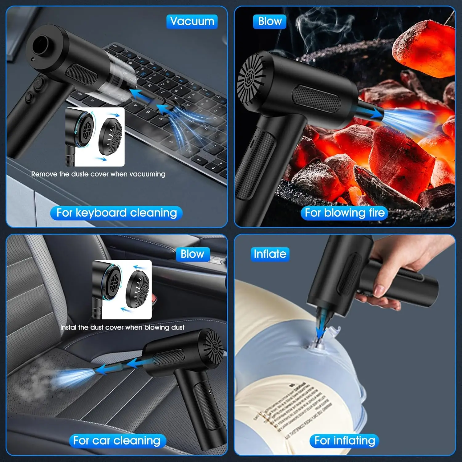منفاخ هواء مضغوط 100000 دورة في الدقيقة منفاخ هواء كهربائي محمول ومكنسة كهربائية للسيارة، منظف لوحة مفاتيح قابل للتعديل بثلاثة تروس مع ضوء LED