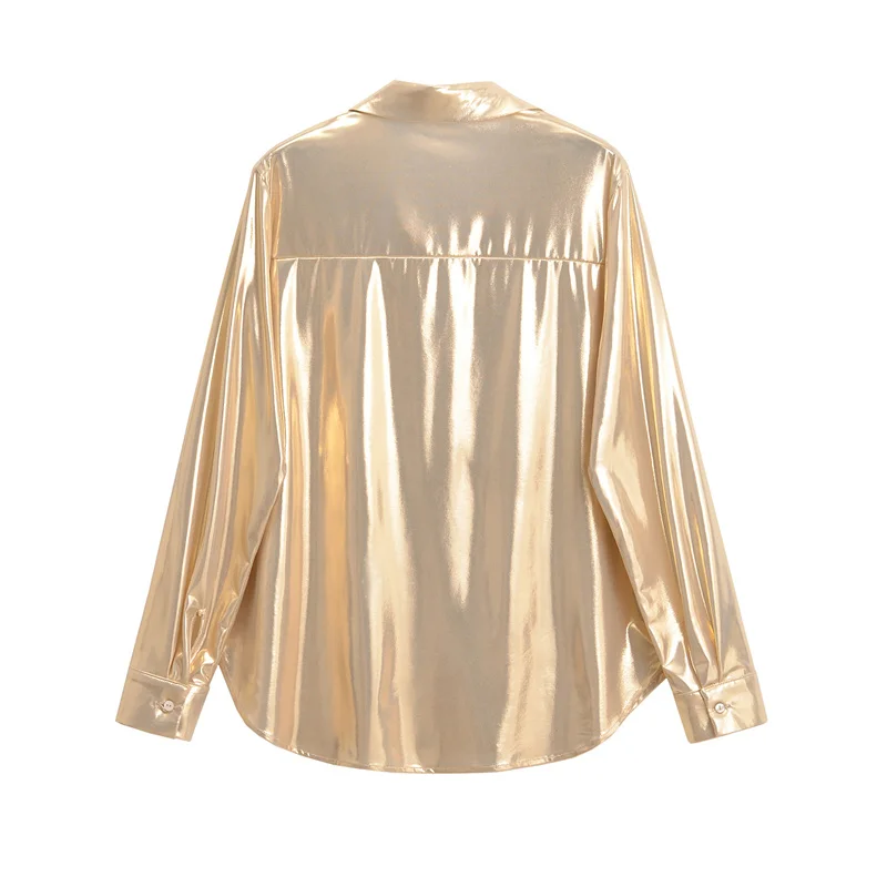 KEYANKETIAN 2024 New Launch Women's Metal Coating Texture Long Sleeve Shirt Fashion Chic Button-up Loose Gold Top Blouses Female