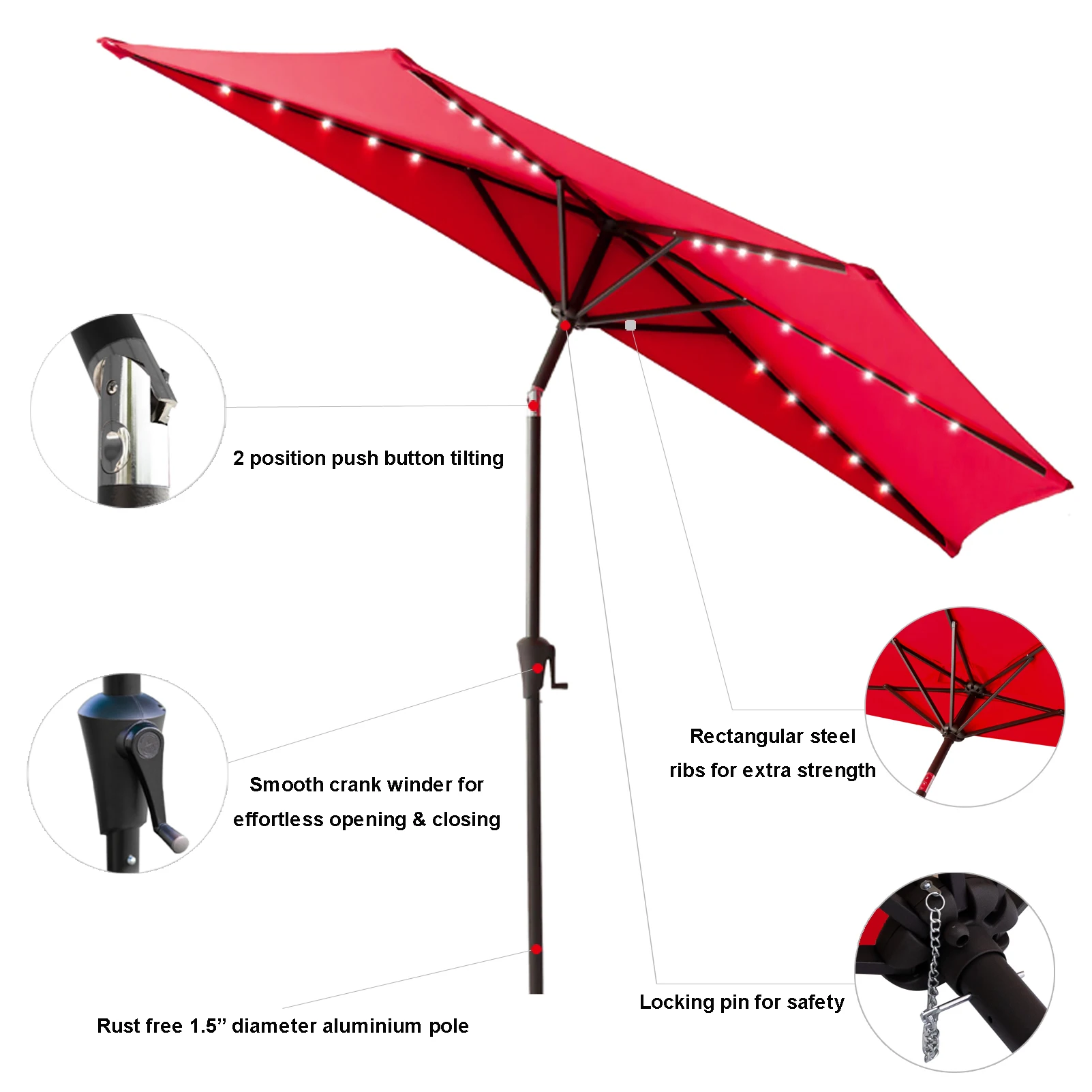 9 ft Halbe Runde Terrasse Markt Wand Regenschirm mit Solar Led-leuchten und Tilt