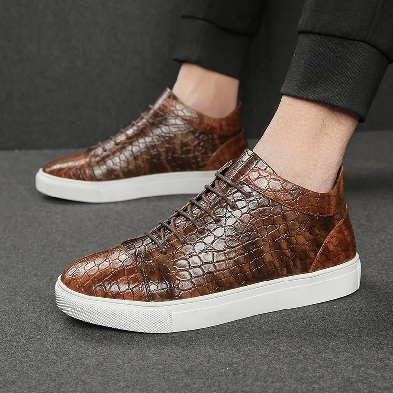 Luxury Retro Brown Men\'s High Top Shoes Lace-up Crocodile Leather Sneakers Man Flat Non-slip Men Vulcanized Shoes Big Size 47