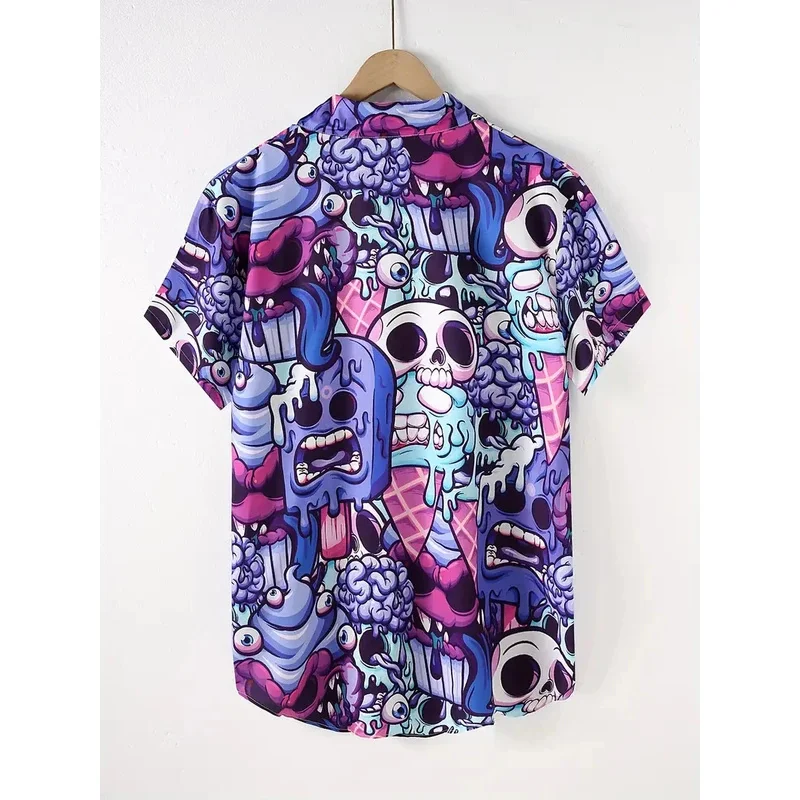 Nieuws 2025: Hawaii Horror Skull Ice Cream herenshirt bedrukt 3D-geprint revers Halloween-strandtop met één knop, unisex cadeau