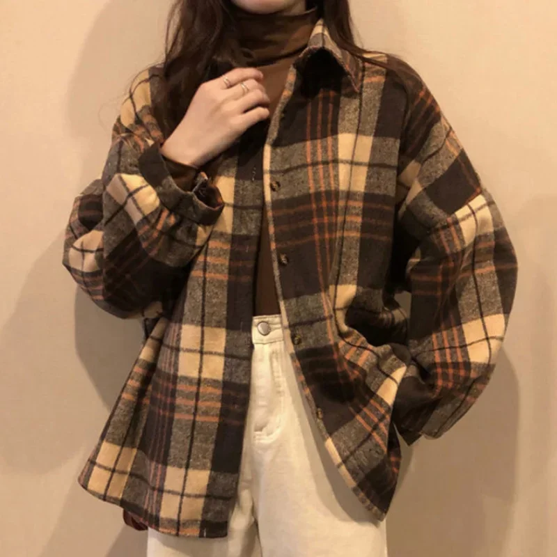 Thick Women Shirts Winter Warm Long Sleeve Vintage Plaid Female Button Up Coffee New Laides Coats Korean Casual Tops