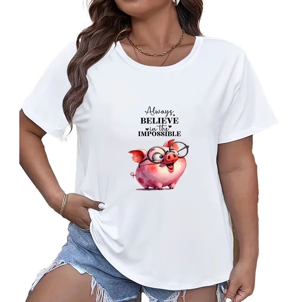 

New Spring and Summer Casual Cartoon Animal Pig Print Breathable Round Neck T-shirt Casual Women's Clothing