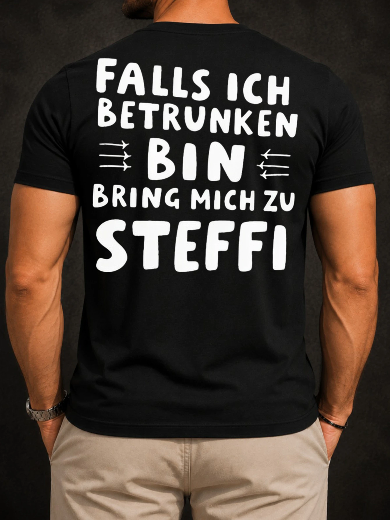 T-shirt unisexe « Bring Me To Steffi Drunk Quote » avec lettres allemandes imprimées en gros et flèches de texte inversées, taille L