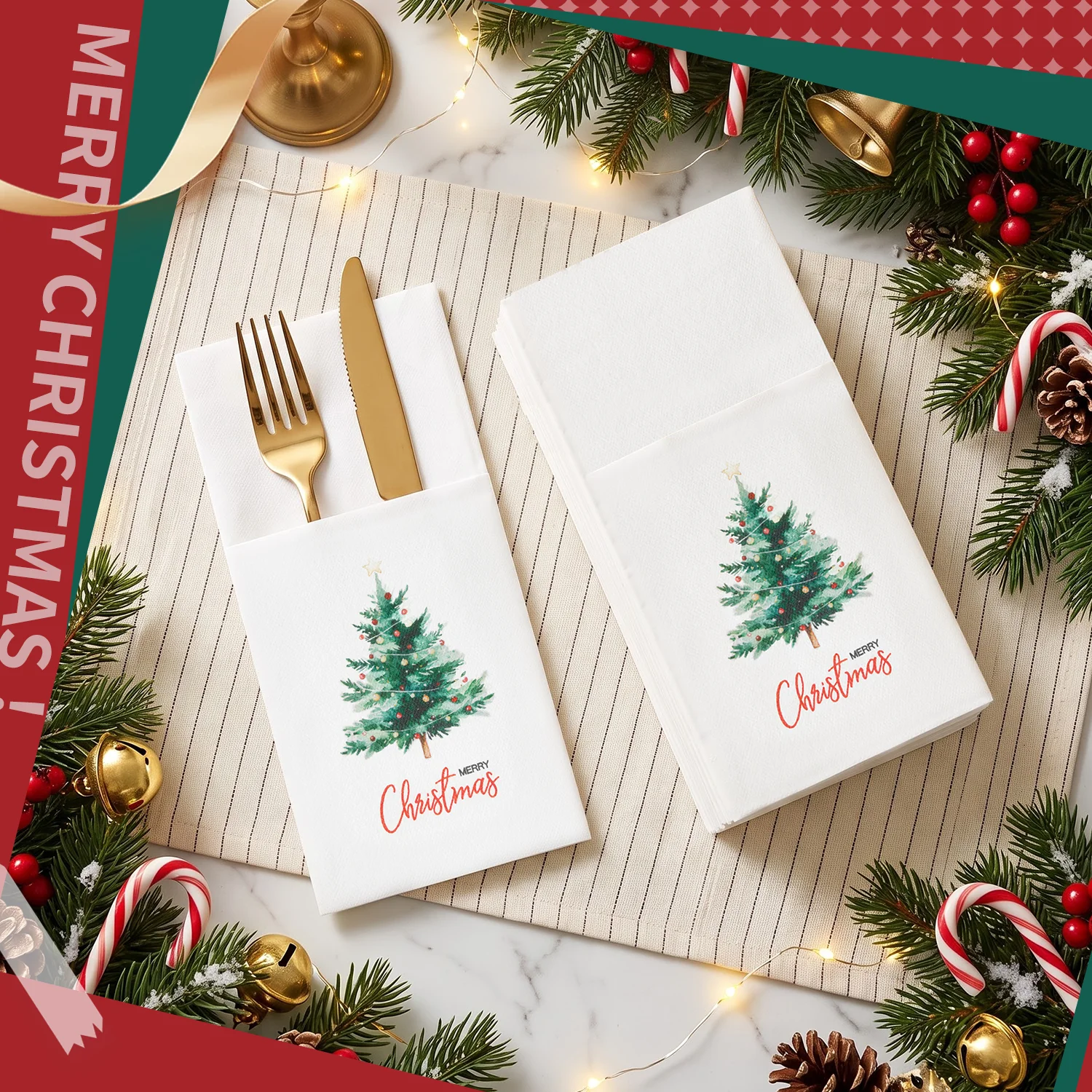 JINYUDOME Disposable Dinner Christmas Napkins,Christmas Tree Napkin Prefolded Napkin with Built-in Flatware Pocket,Holiday Party