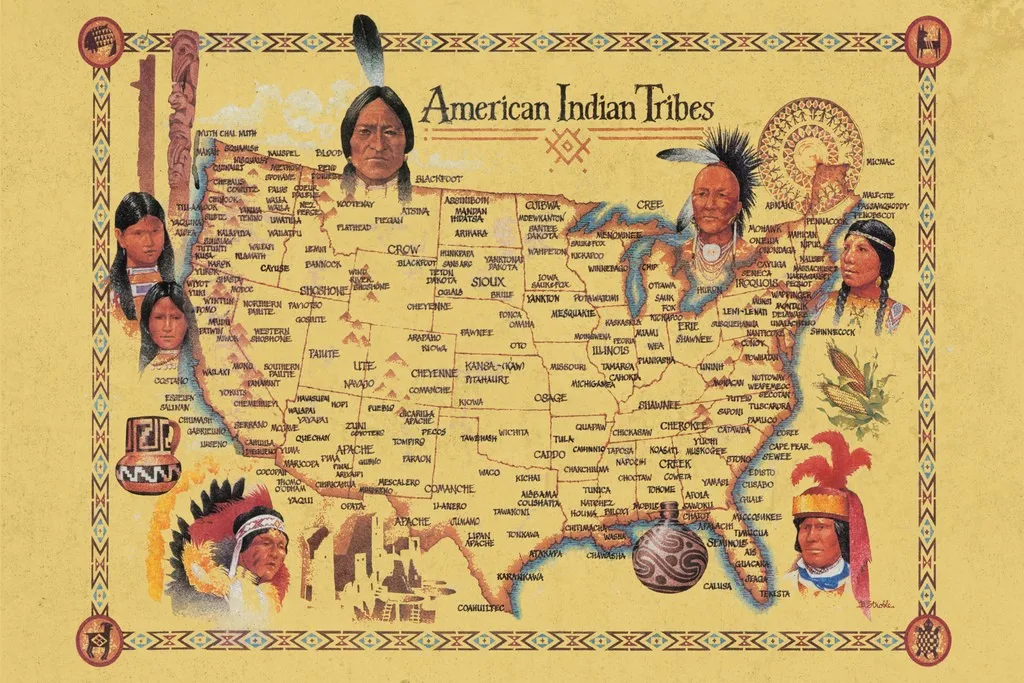 American Indian Tribes At Time Of Columbus Arrival Vintage Map Poster Wall Painting