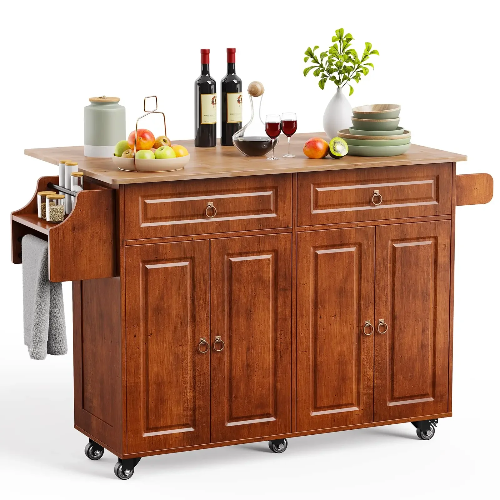 Rolling Kitchen Island with 4 Door Cabinet and Two Drawers, Solid Wood Top Coffee Bar for Dining Room