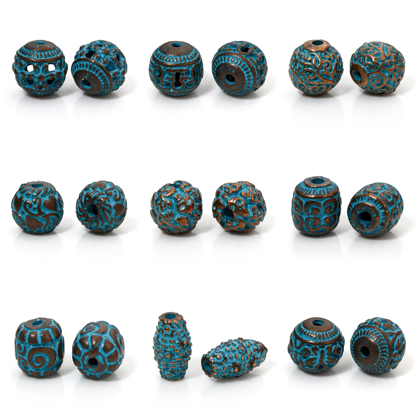 10 PC Antique Copper Vintage Beads Blue Round Carved Pattern Zinc Based Alloy Patina Spacer Beads For DIY Jewelry Making 10mm