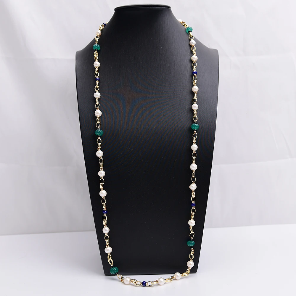 G-G Natural Blue Lapis lazuli Green Agate White Pearl Gold Chain Long Necklace 36'' Handmade For Lady