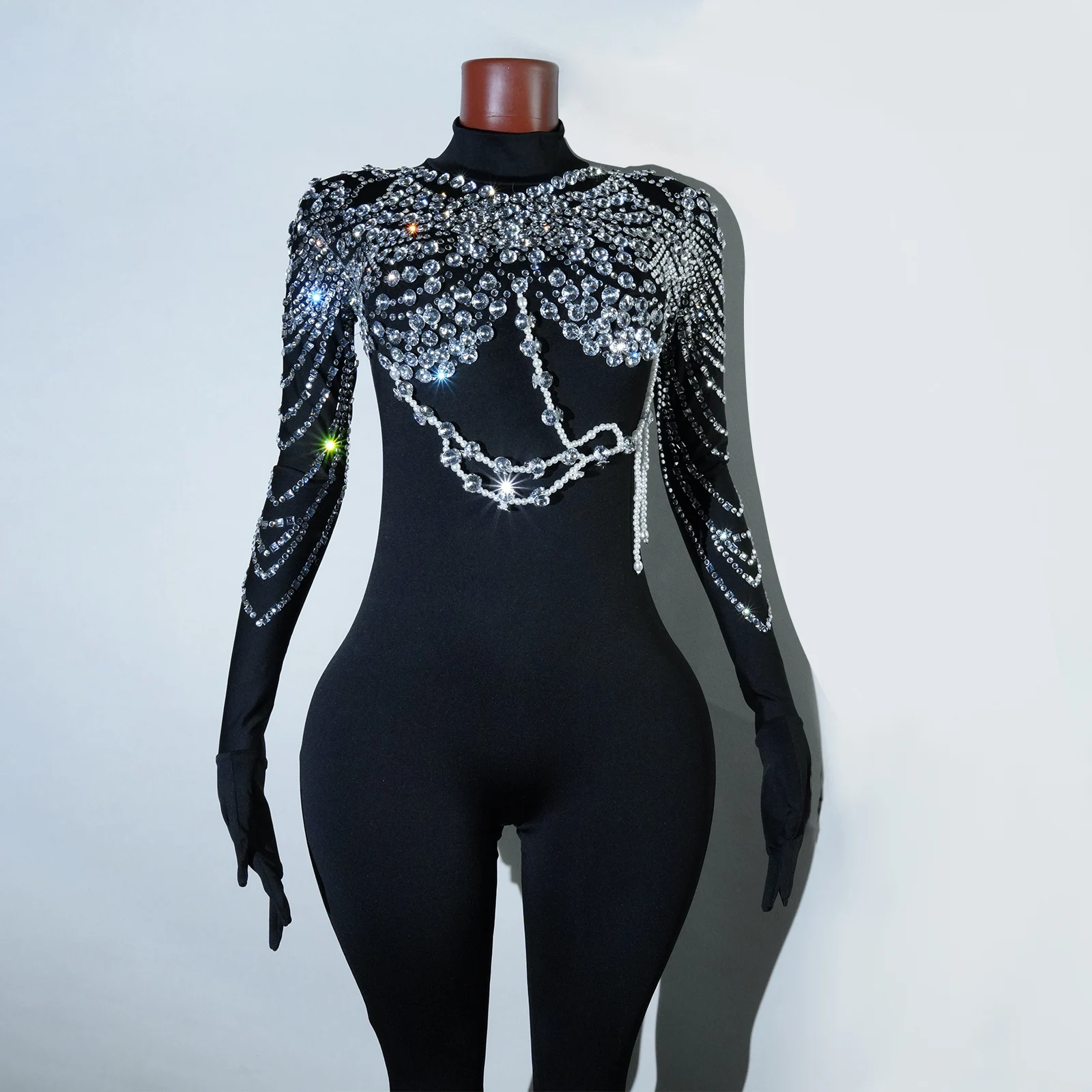 Super Sparkling Luxury Rhinestones Black Jumpsuit Singer dj Dancer Stage Performance Costume Nightclub Evening Party Drag Queen