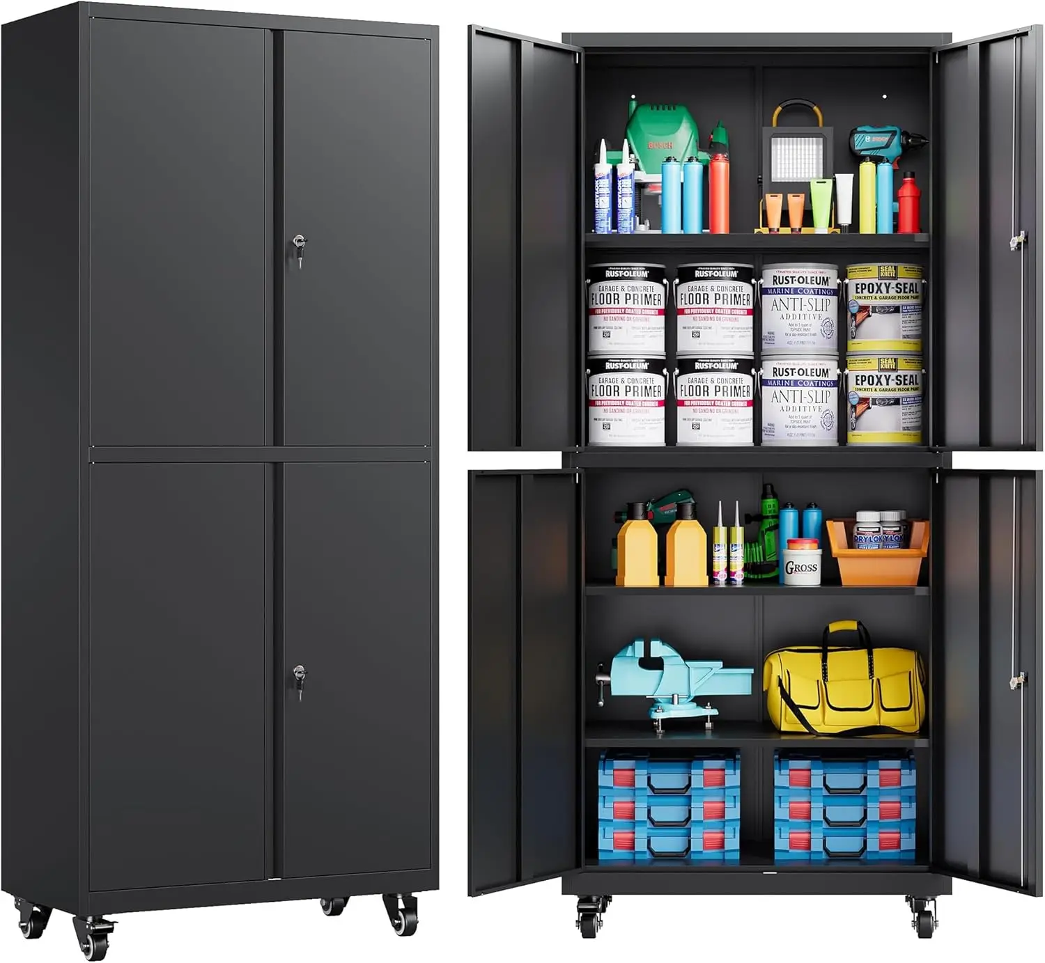 SISESOL Metal Storage Tool Cabinet with Wheels Rolling Garage Cabinet with Lock Black Metal Shelves Home Office Shop